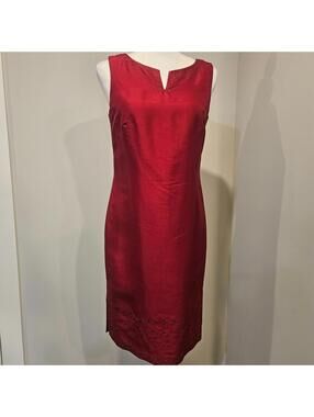 Talbots Pure Silk Red Sleeveless Sheath Dress Embroidered Hem & Neckline Sz 6